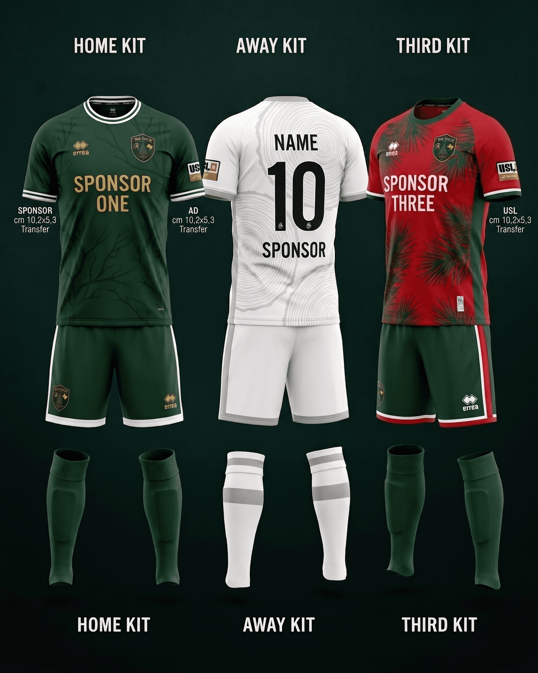 Iron Forest FC home, away, and third kits